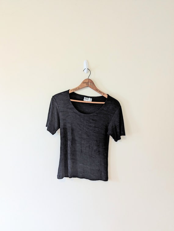 Vintage 90s Stretchy Black Nylon T-Shirt - image 2