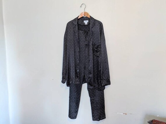 Vintage 90s Dark Gray Printed Silk Satin Pajamas -