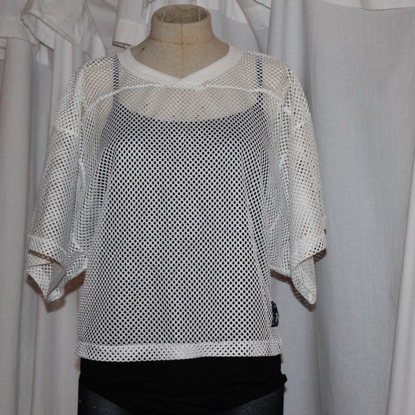 Vintage mesh crop t shirt white fishnet from Bike Athletic Co big boxy shape yoke top small v neck w knit trim 70s 80s  unisex style