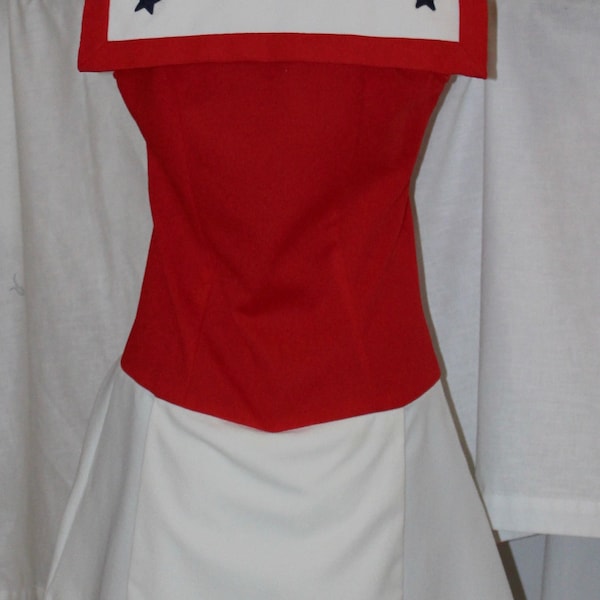 Vintage 60s, 70s  sailor scooter dress polyester knit, red and white w blue stars July 4th sleeveless, mod culotte dress easy care summer