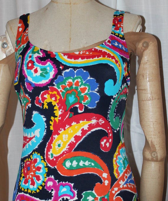 Vintage unworn swimsuit 80s 90s Adrienne Vittadini one piece maillot bright bold paisley inky blue red orange scoop back soft cup nwot
