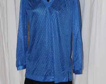 Vintage sheer Mardi Modes tunic, dark blue V neck, polyester diamond pattern knit top gathered shoulders, button cuffs pullover swim cover