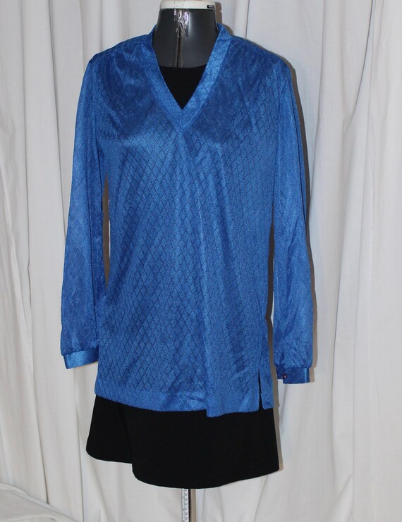 Vintage sheer Mardi Modes tunic, dark blue V neck,