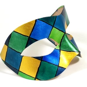 Blue and Green Diamond Hand-Made Leather Mask - Masquerade Mask Inspired by the Venetian Carnival for Mardi Gras and New Years Eve