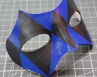 Handmade Leather Masquerade Mask: Black and Blue Diamond Venetian Carnival Style