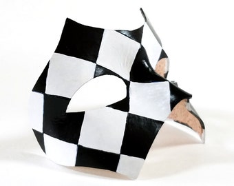 Handmade Leather Masquerade Mask: Black and White Diamond Venetian Carnival Style