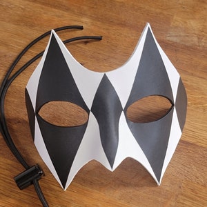 Handmade Harlequin Leather Masquerade Mask: Black and White Venetian Carnival