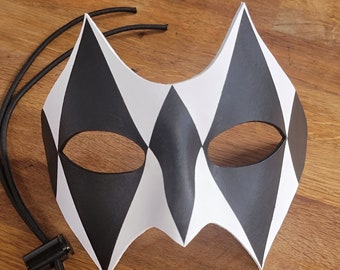 Handmade Harlequin Leather Masquerade Mask: Black and White Venetian Carnival