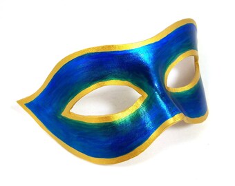Blue, Green and Gold Leather Mask - Masquerade Mask Inspired by the Venetian Commedia dell’Arte
