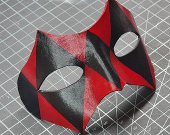 Handmade Leather Masquerade Mask: Black & Red Diamond Venetian Carnival Style