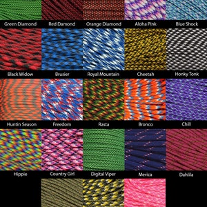 May include: A grid of various paracord colors and patterns. Colors include green, red, orange, pink, and blue, with names like "Green Diamond," "Black Widow," and "Neon Pink Camo." The image showcases a variety of designs and color combinations.