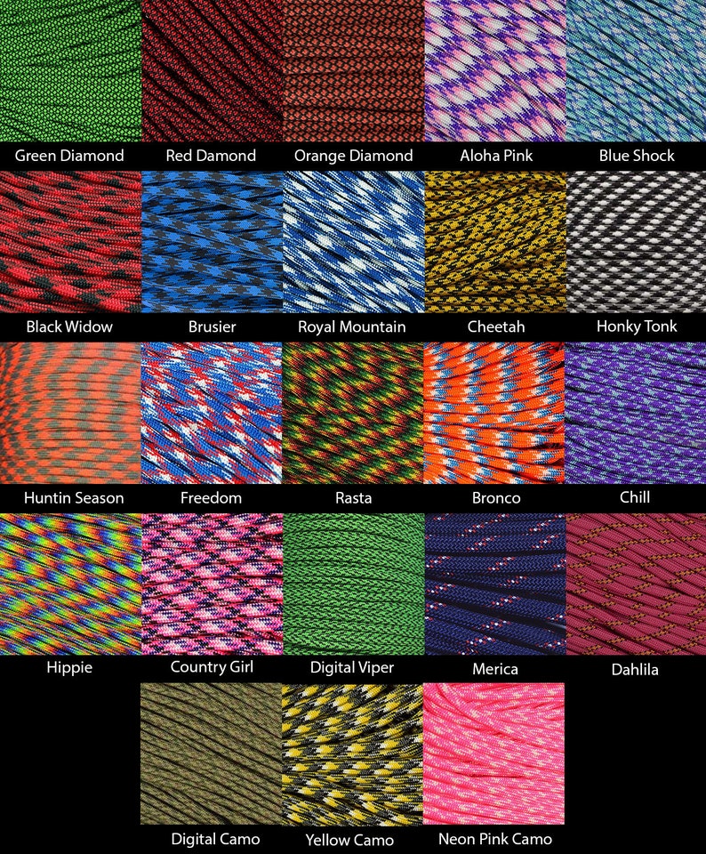 May include: A grid of various paracord colors and patterns. Colors include green, red, orange, pink, and blue, with names like "Green Diamond," "Black Widow," and "Neon Pink Camo." The image showcases a variety of designs and color combinations.