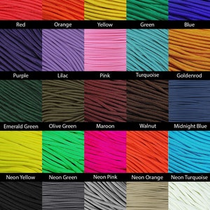 May include: A color chart displaying various shades of paracord. The colors include red, orange, yellow, green, blue, purple, lilac, pink, turquoise, goldenrod, emerald green, olive green, maroon, walnut, midnight blue, neon yellow, neon green, neon pink, neon orange, neon turquoise, black, charcoal, silver, light tan, and white.