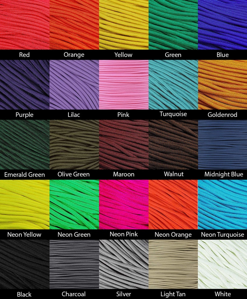 May include: A color chart displaying various shades of paracord. The colors include red, orange, yellow, green, blue, purple, lilac, pink, turquoise, goldenrod, emerald green, olive green, maroon, walnut, midnight blue, neon yellow, neon green, neon pink, neon orange, neon turquoise, black, charcoal, silver, light tan, and white.