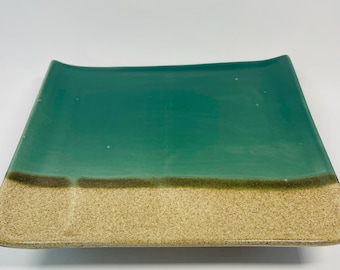 Vintage studio aardewerk sokkelblad Mt Pinatubo essenglazuur keramisch middelpunt 9 x 7 "