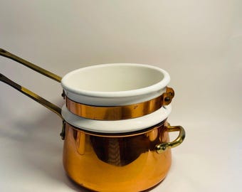 Vintage Portuguese Copper Pot White Enamel Insert Double Boiler Saucepan