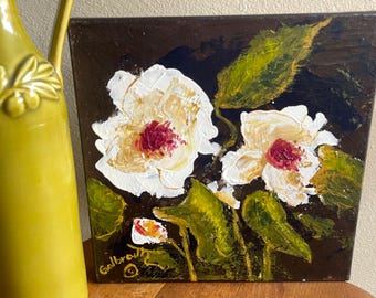 Original Gloria Galbraith Floral Painting White Roses Impasto Acrylic Canvas 12x12