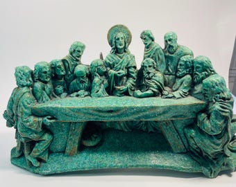 Vintage Last Supper Composite Stone Sculpture Verdigris Religious Decor 15"