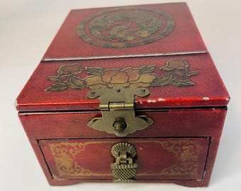 Vintage  Phoenix Asian Jewelry Trinket Box Red Leather Look Mirror & Drawer