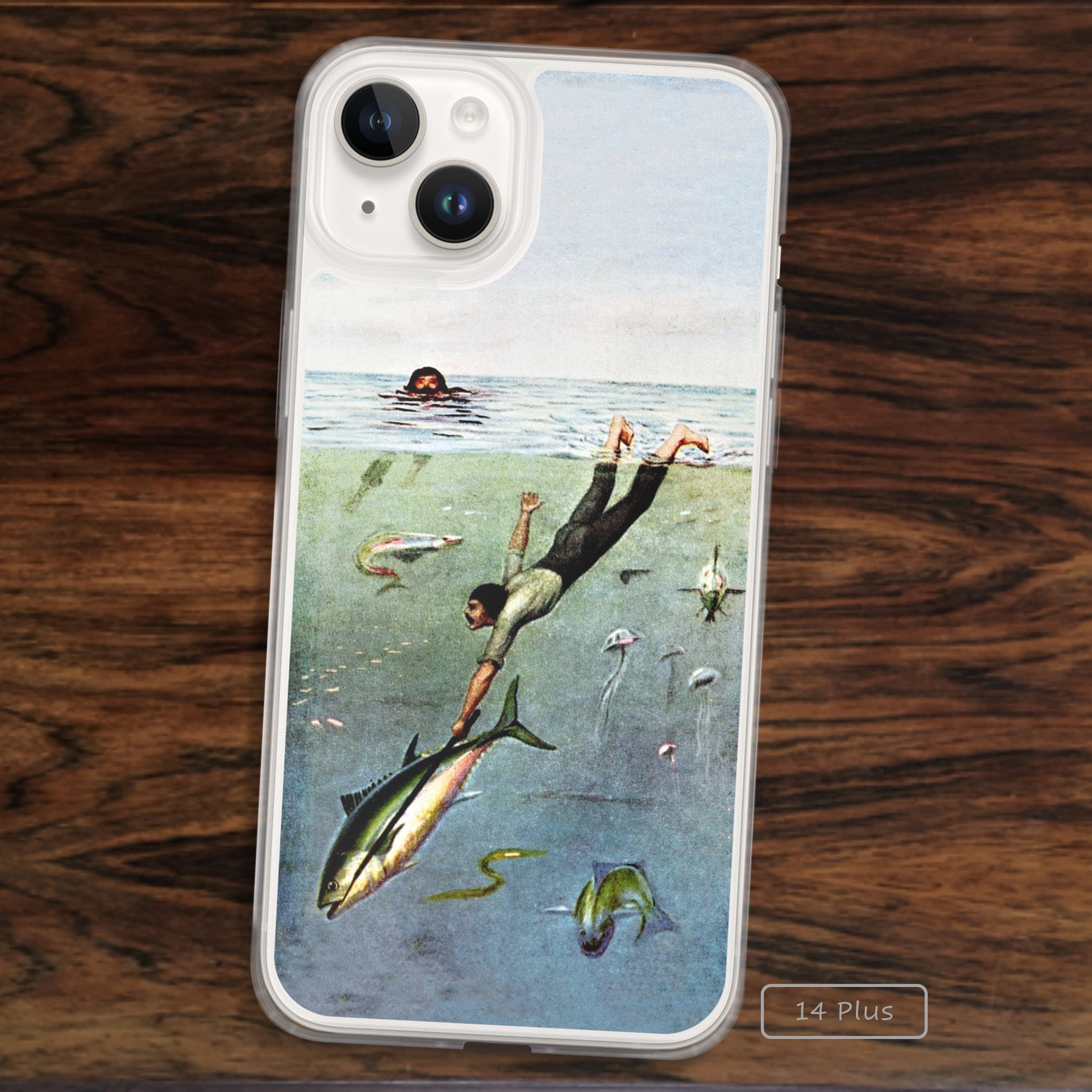 Quirky iPhone Case With Unusual Ocean Drawing of Man Fishing and