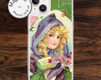 MagSafe: Vintage art iPhone case from fun 1920's plant and garden flower seed catalog, in green for iPhone models 14 - 17