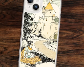 Fairy tale castle iPhone case with vintage folk story illustration, nostalgic and romantic