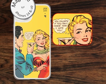 Funny iPhone case (MagSafe) with feminist girl power retro vintage 50s comic book art, for iPhone models 14 - 17