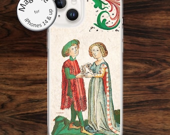 Medieval art iPhone case (MagSafe) with happy couple people for Middle Ages fans, history lovers for models 14 - 17