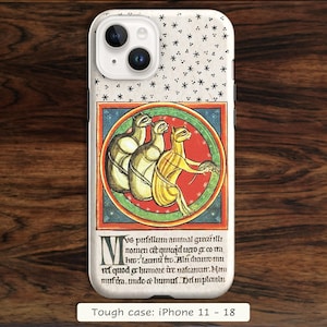 May include: A white phone case featuring a medieval-style illustration of three cats within a circular red and green border. The top section has a star pattern, and the bottom contains Latin text starting with the letter M. The case has a camera cutout.