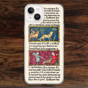 May include: Clear phone case featuring a medieval manuscript design. The artwork includes illustrations of animals, people, and text in a vintage style. The case is designed to fit a smartphone.
