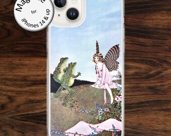 MagSafe: Fairy and frogs iPhone case in sweet storybook art illustration with pink mushrooms for iPhone models 14 - 17
