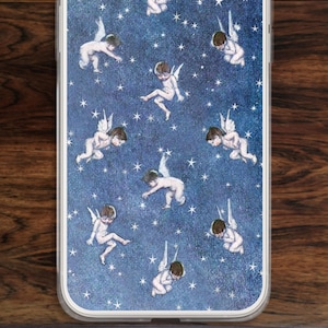 Cherub angel iPhone case with cute babies with wings in blue night sky