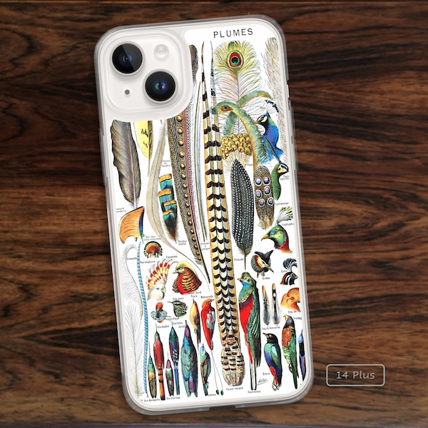 Quirky retro iPhone case with botanical art bird feathers