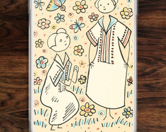 Romantic couple iPhone case in cartoon-like art work with flowers & butterflies (17)