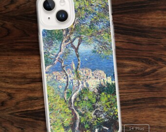 Monet painting iPhone case with French Impressionist fine art design with ocean seascape, village, and trees