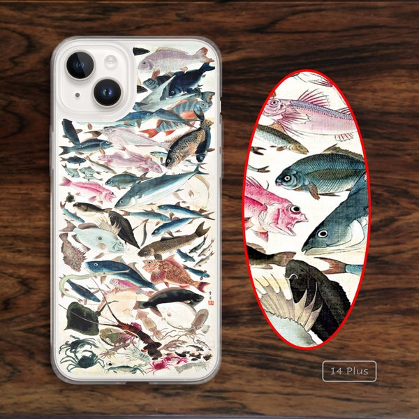 Fishing iPhone case with botanical Japanese sea fish for naturalists, ocean lovers, marine biologists, environmentalists