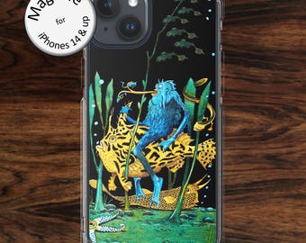 Blue Sea Monster iPhone MagSafe Case: Fantasy Fish Rider Art for models 14 - 17