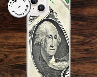 MagSafe: Fun iPhone case with dollar bill twisted into unusual George Washington design portrait for iPhone models 14 - 17