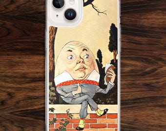Alice in Wonderland iPhone case with Humpty Dumpty reading a book, for storybook fans and fairy tale lovers (17)