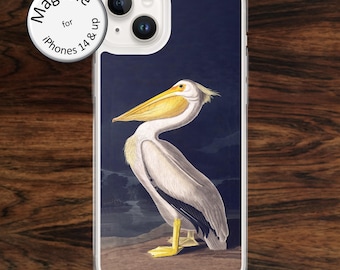 Audubon pelican iPhone (MagSafe) case: vintage bird art for nature lovers and outdoors people, for models 14 - 17