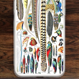 Quirky retro iPhone case with botanical art bird feathers in Victorian design style
