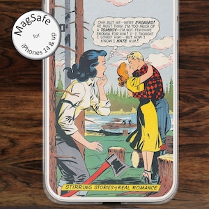 May include: A clear phone case featuring a vintage comic book illustration titled Stirring Stories of Real Romance. The graphic shows a woman watching a couple kiss near a forest, with a speech bubble containing text about being engaged and a tomboy.