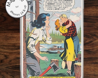 Comic book iPhone case (MagSafe) with fun vintage retro backwoods romance love for models 14 - 17