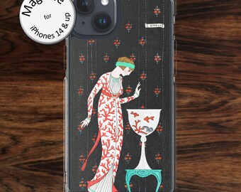 Art deco iPhone case (MagSafe): 1920s fashion woman in stylish red dress and a goldfish bowl, for iPhone models 14 - 17