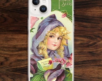 Vintage art iPhone case from fun 1920's plant and garden flower seed catalog, in green (17)