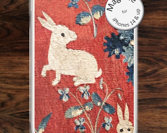 Medieval Rabbit Tapestry iPhone case (MagSafe): Lady and Unicorn Art, for iPhone models 14 - 17