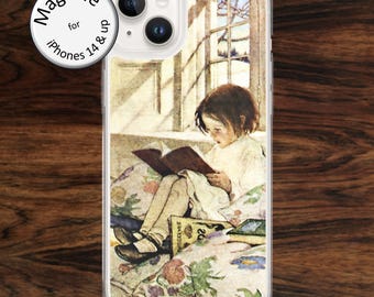 Book reader iPhone case (MagSafe) with vintage art of child in nostalgic window sunlight, for iPhone models 14 - 17