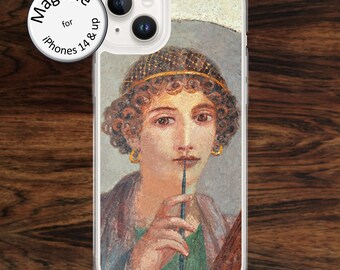 MagSafe: Roman art iPhone case with ancient fresco thinking woman chewing pencil, for iPhone models 14 - 17