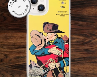 MagSafe: Western comic book iPhone case with romantic kissing cowboy and cowgirl lovers for retro fans, iPhone models 14 - 17
