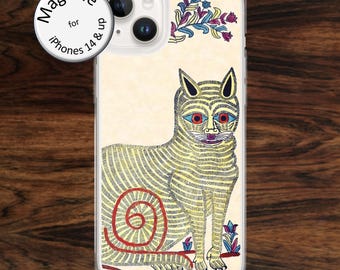Funny cat iPhone case (MagSafe) with quirky 19th century Russian art drawing of yellow animal for models 14 - 17